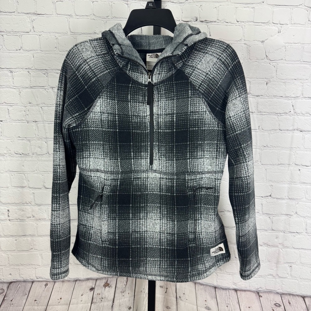 The North Face Printed Crescent Hooded Pullover Fleece Sweater Plaid Size XS
